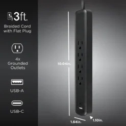 GE Surge Protector Power Strip, 4 Outlets, 1 USB-C & 1 USB-A Port (12W), 490J Protection, 3FT Braided Extension Cord, Flat Plug, Black