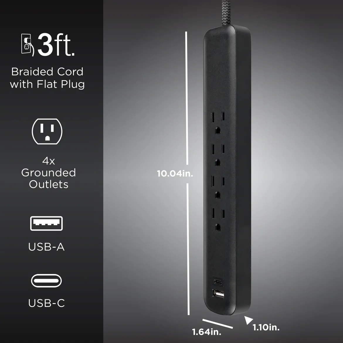 GE Surge Protector Power Strip, 4 Outlets, 1 USB-C & 1 USB-A Port (12W), 490J Protection, 3FT Braided Extension Cord, Flat Plug, Black