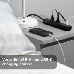GE Surge Protector Power Strip, 4 Outlets, 1 USB-C & 1 USB-A Port (12W), 490J Protection, 3FT Braided Extension Cord, Flat Plug, Black