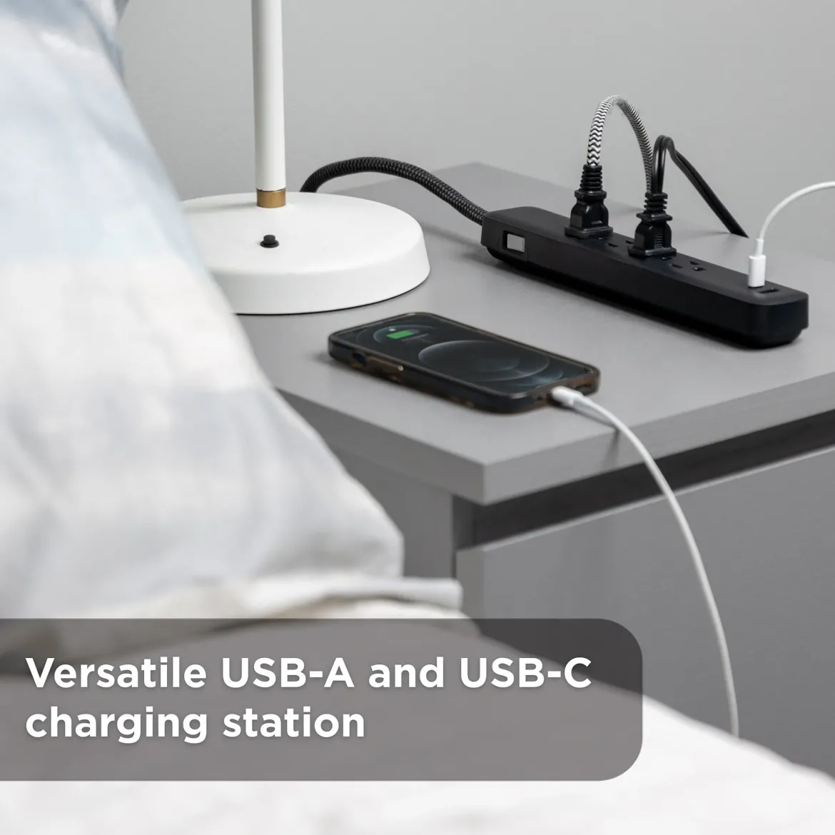 GE Surge Protector Power Strip, 4 Outlets, 1 USB-C & 1 USB-A Port (12W), 490J Protection, 3FT Braided Extension Cord, Flat Plug, Black