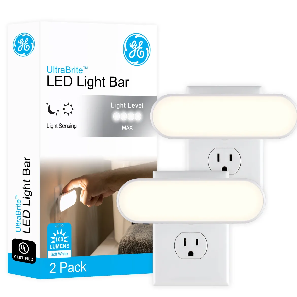 GE UltraBright Plug-In Automatic LED Light Bar, White, 2 Pack