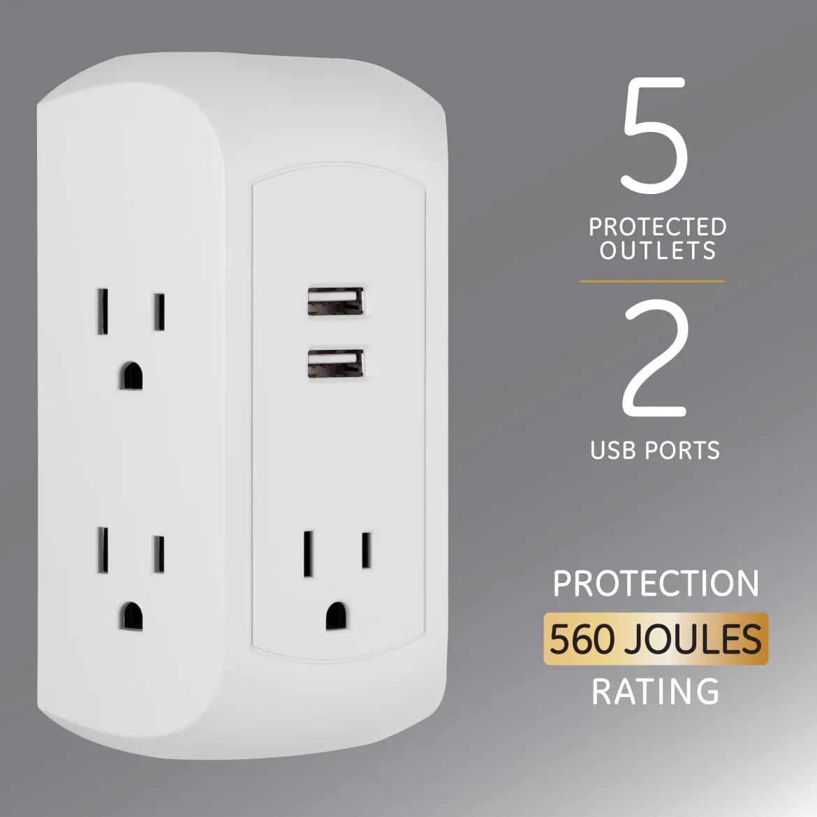 GE UltraPro 5-AC, 2-USB Side-Access Surge Protector, 560J, White