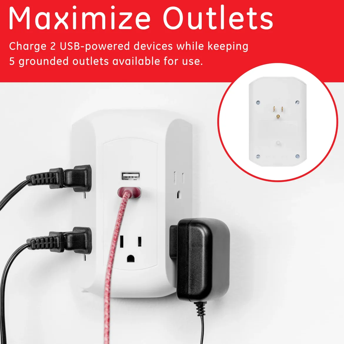 GE UltraPro 5-AC, 2-USB Side-Access Surge Protector, 560J, White