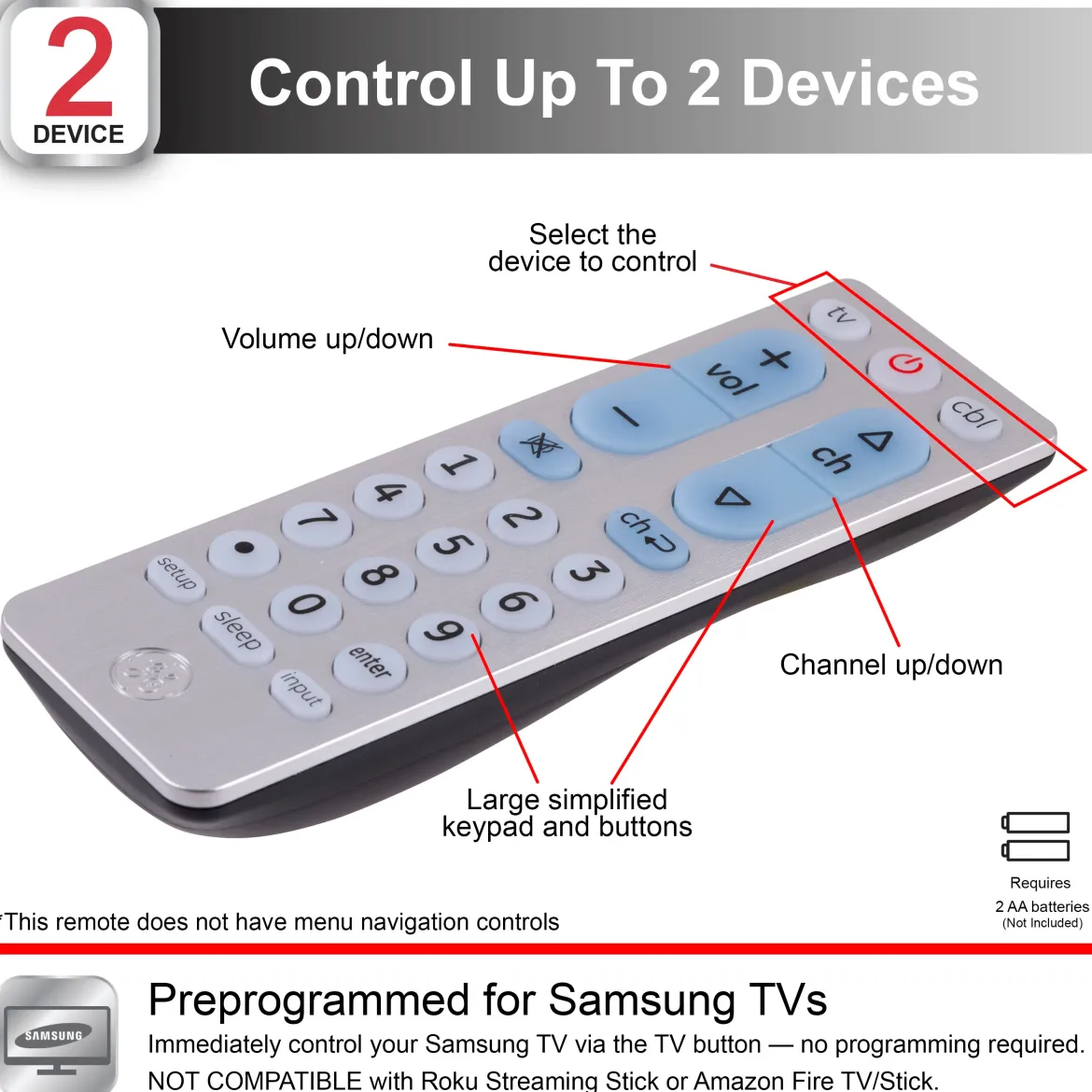 GE UltraPro 2-Device Universal Remote Control, Brushed Silver