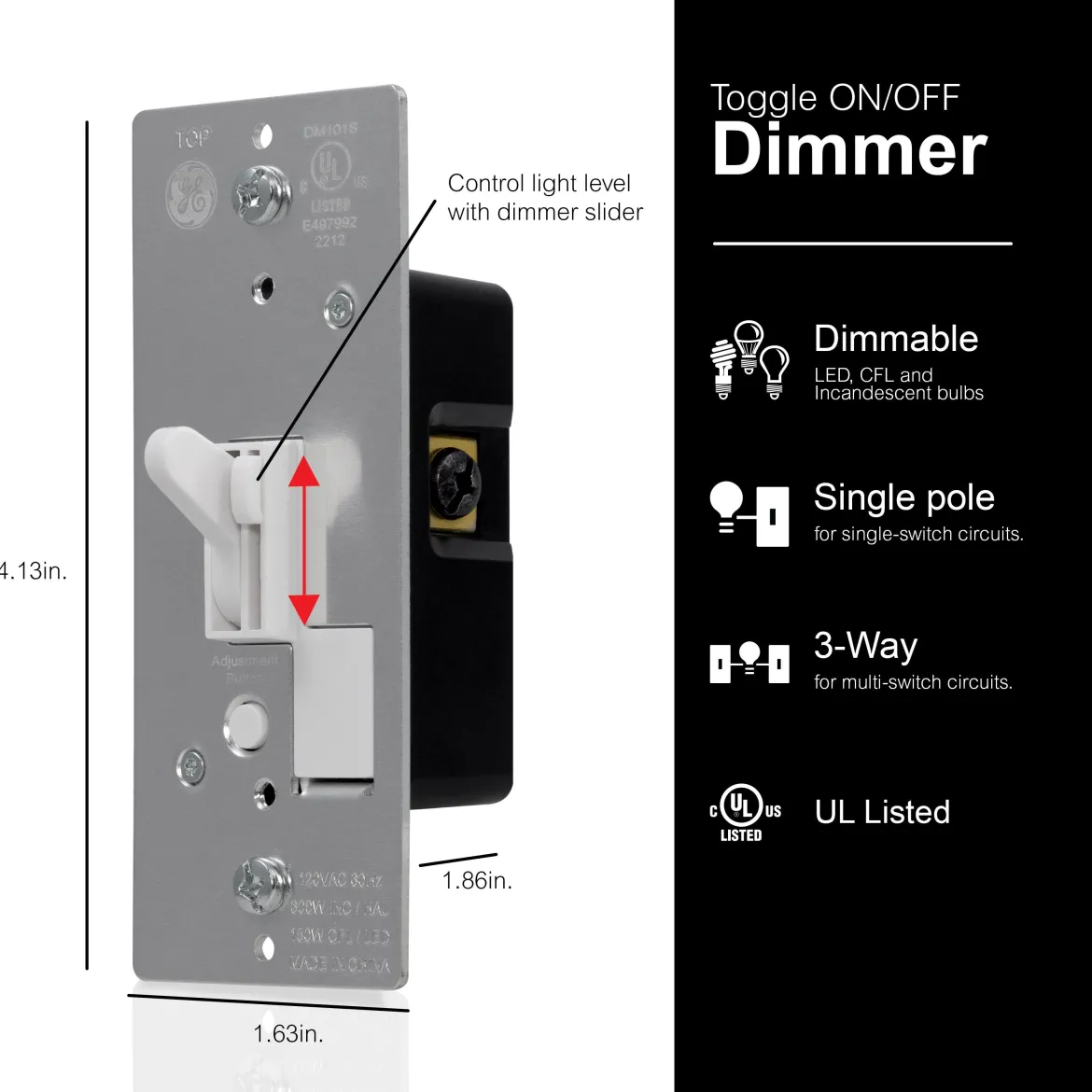 GE UltraPro On/Off Single Pole Toggle Dimmer, White