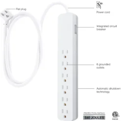 GE UltraPro 6-Outlet 6ft. Surge Protector, White