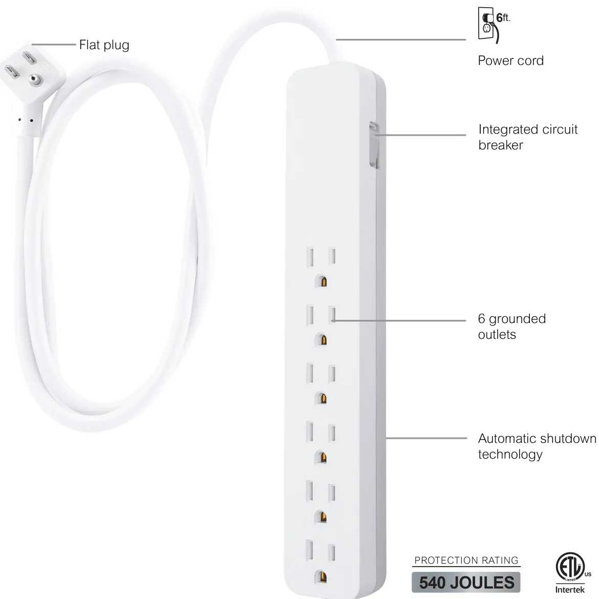 GE UltraPro 6-Outlet 6ft. Surge Protector, White