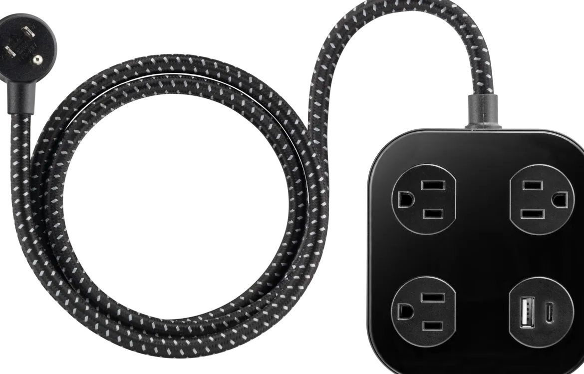 GE UltraPro 3-Outlet Surge Protector with USB, 245 Joules, 1 USB-A & 1 USB-C Port, 4ft Braided Extension Cord, Flat Plug, Black