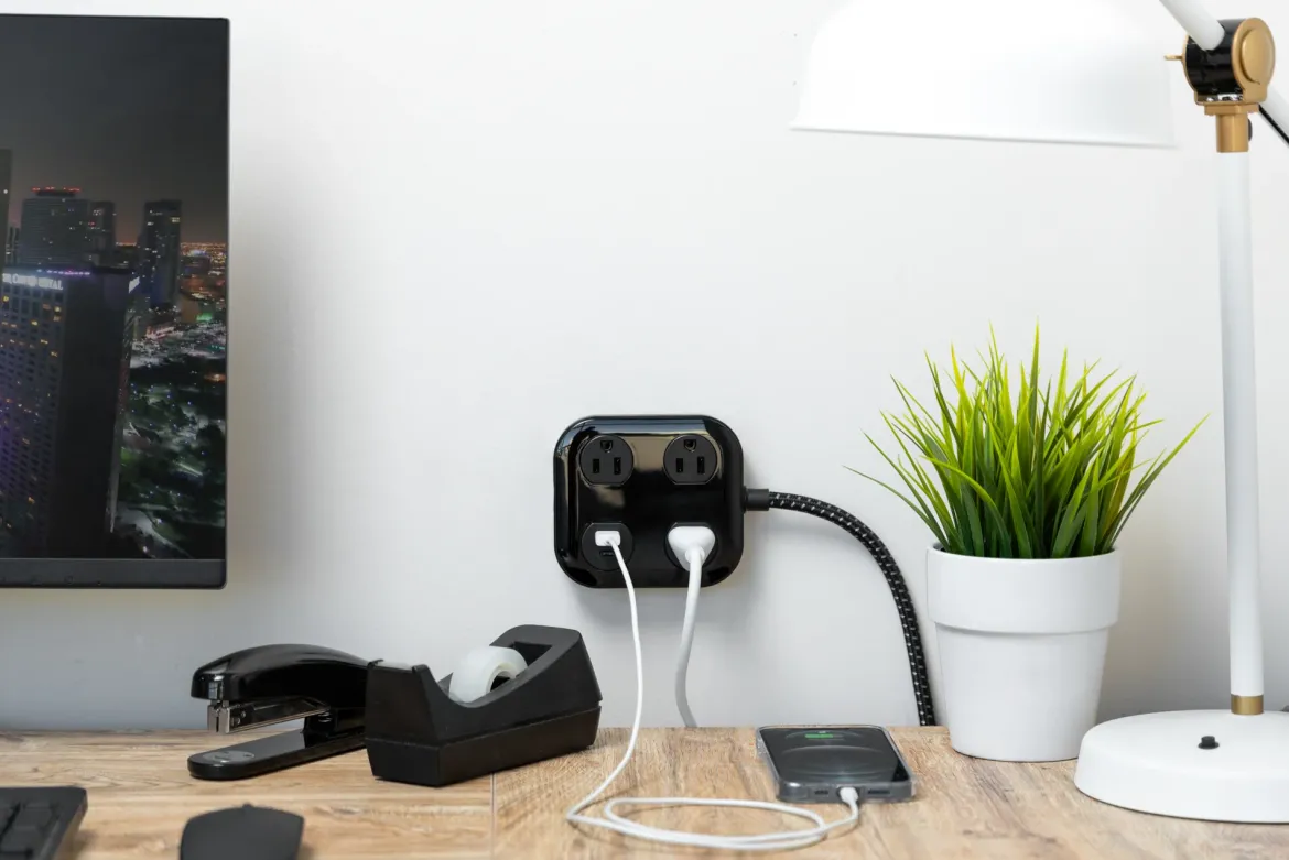 GE UltraPro 3-Outlet Surge Protector with USB, 245 Joules, 1 USB-A & 1 USB-C Port, 4ft Braided Extension Cord, Flat Plug, Black