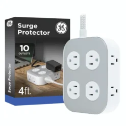 GE UltraPro 10-Outlet Surge Protector, 2100 Joules, 4ft Braided Extension Cord, Flat Plug, Gray/White