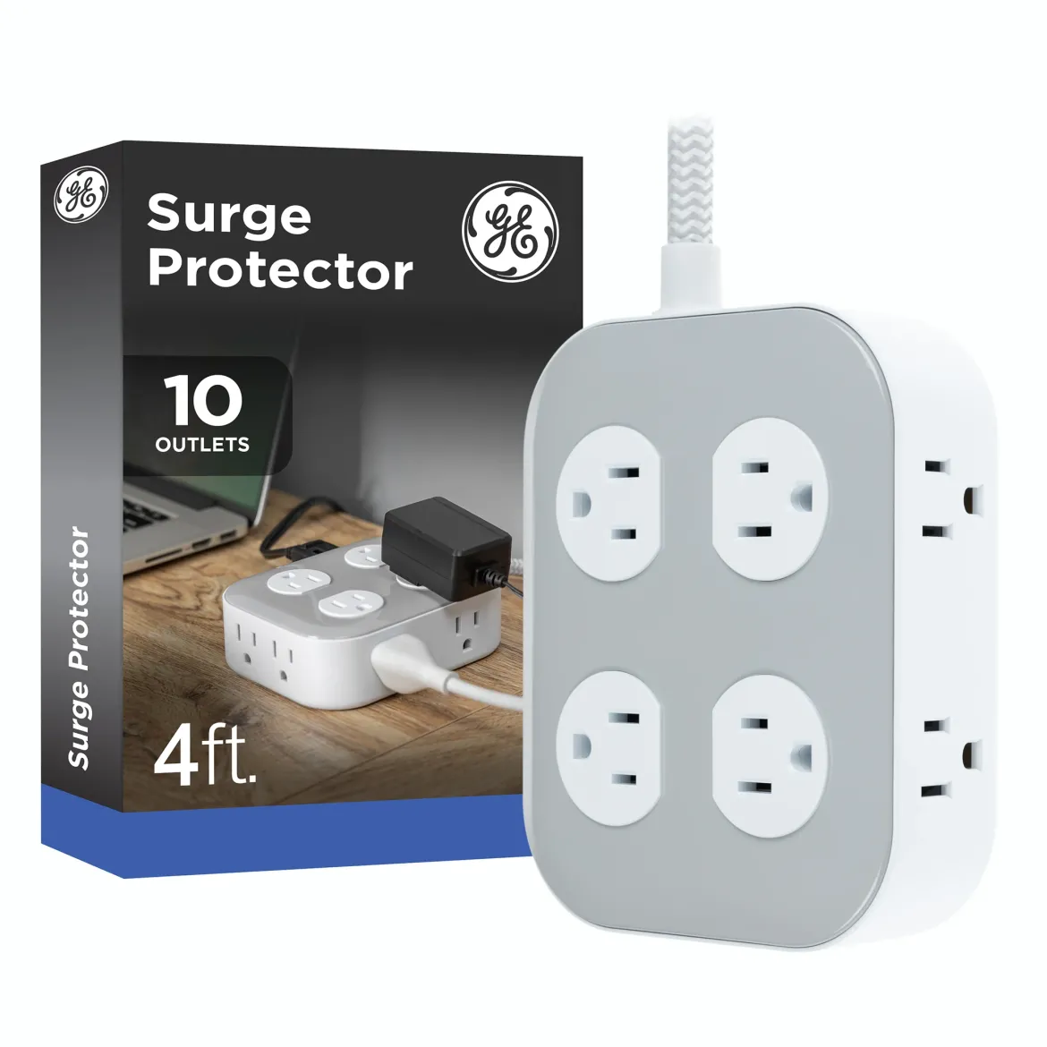 GE UltraPro 10-Outlet Surge Protector, 2100 Joules, 4ft Braided Extension Cord, Flat Plug, Gray/White