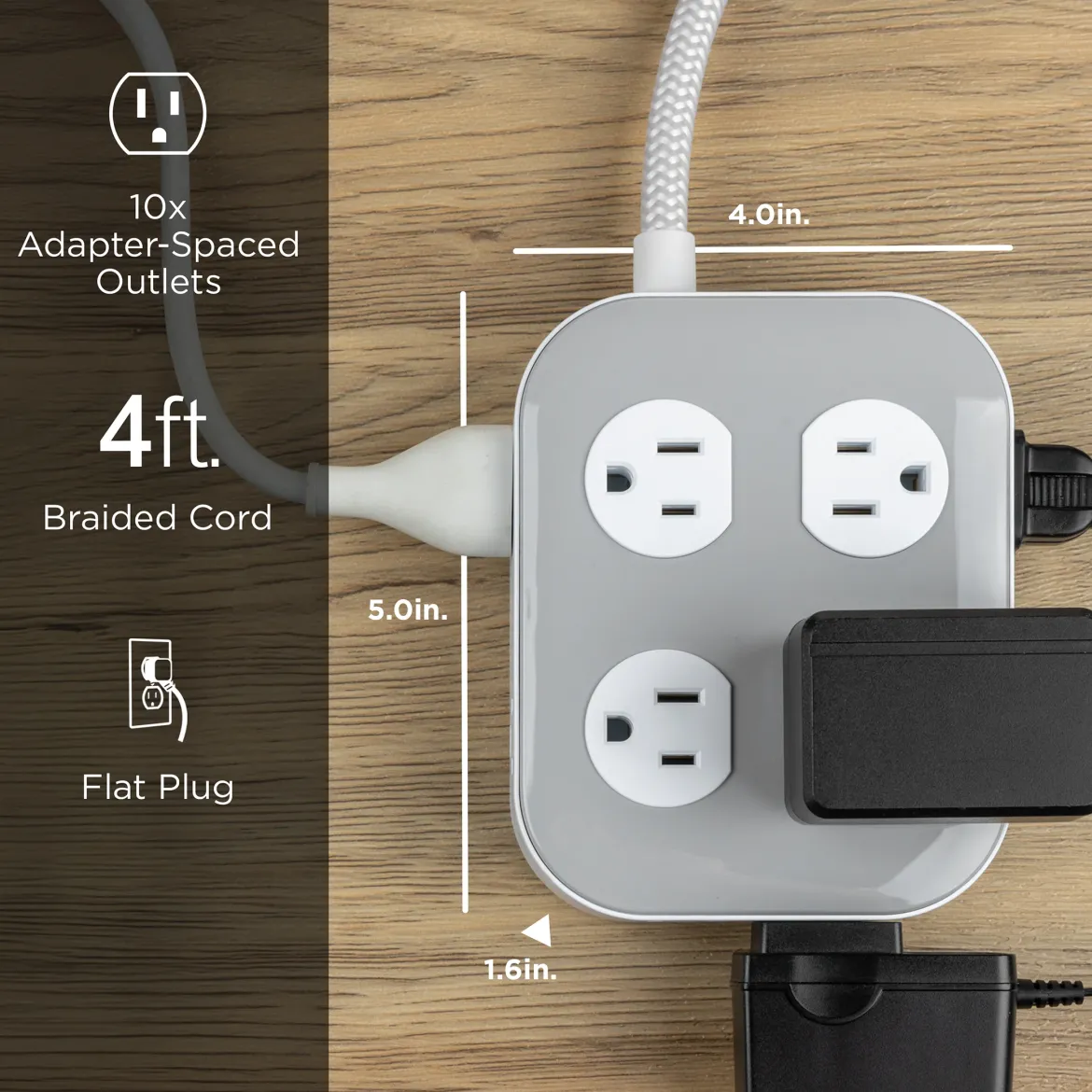 GE UltraPro 10-Outlet Surge Protector, 2100 Joules, 4ft Braided Extension Cord, Flat Plug, Gray/White