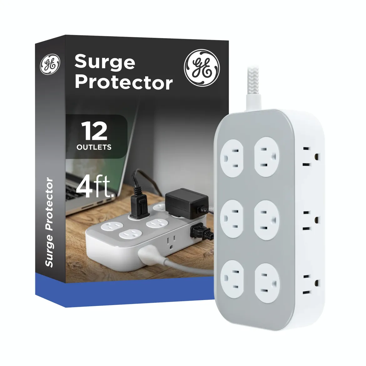 GE UltraPro 12-Outlet Surge Protector, 2100 Joules, 4ft Braided Extension Cord, Flat Plug, Gray/White