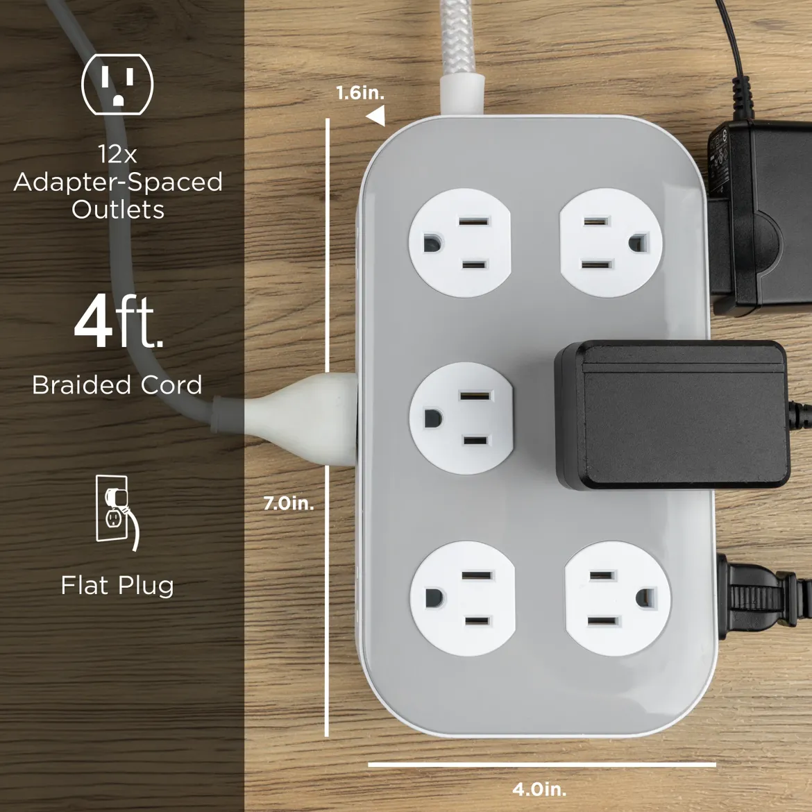 GE UltraPro 12-Outlet Surge Protector, 2100 Joules, 4ft Braided Extension Cord, Flat Plug, Gray/White