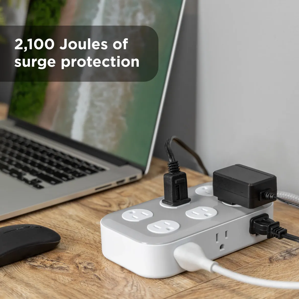 GE UltraPro 12-Outlet Surge Protector, 2100 Joules, 4ft Braided Extension Cord, Flat Plug, Gray/White