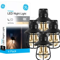 GE Vintage Cage Frame Light Sensing LED Night Light, Black, 4 Pack