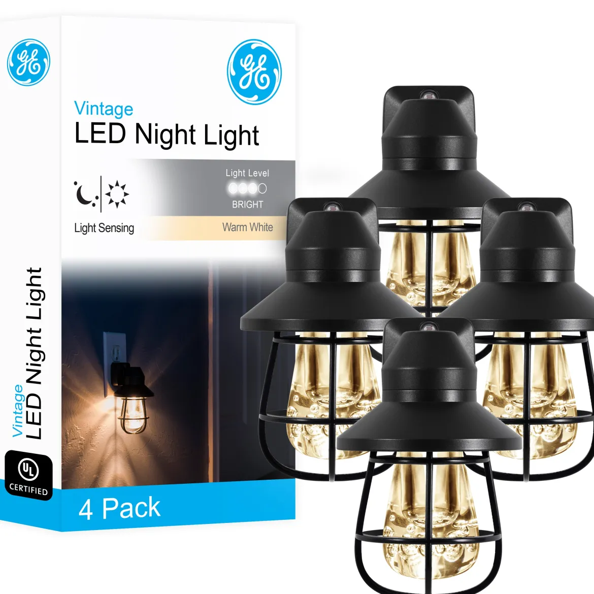 GE Vintage Cage Frame Light Sensing LED Night Light, Black, 4 Pack