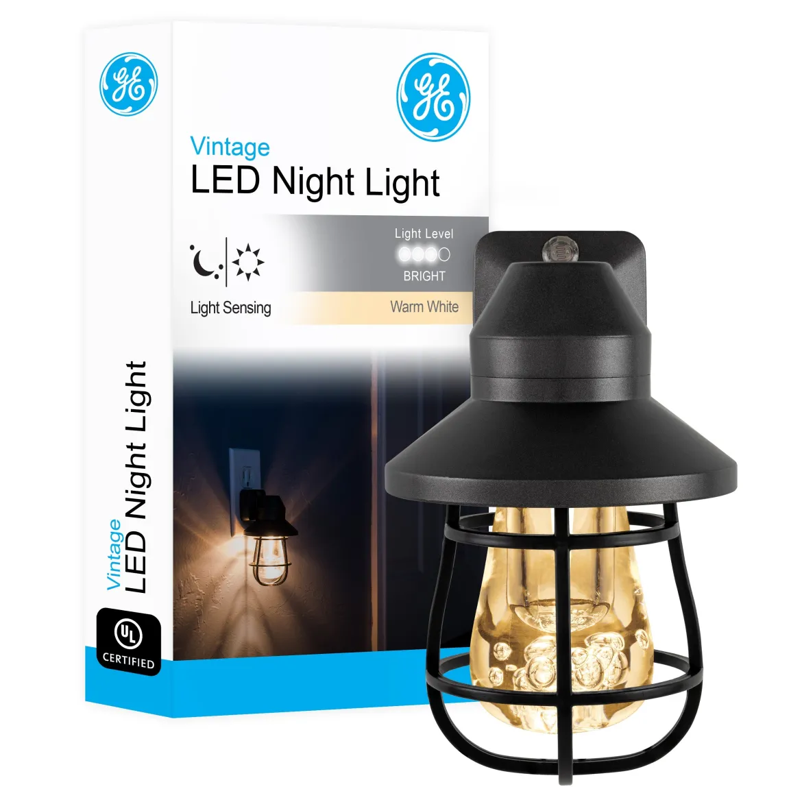 GE Vintage Cage Frame Light Sensing LED Night Light, Black