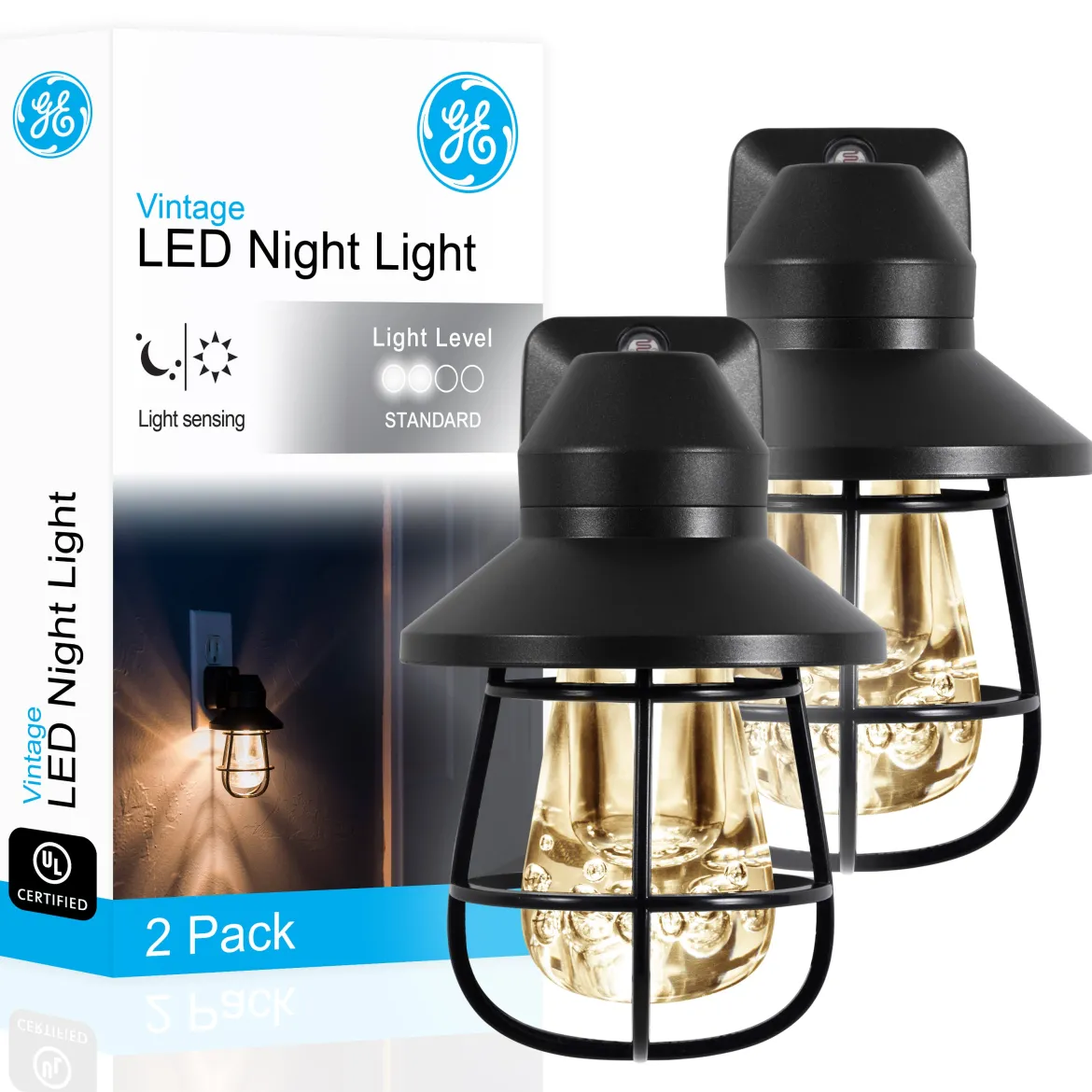 GE Vintage Cage Frame Light Sensing LED Night Light, Black, 2 Pack