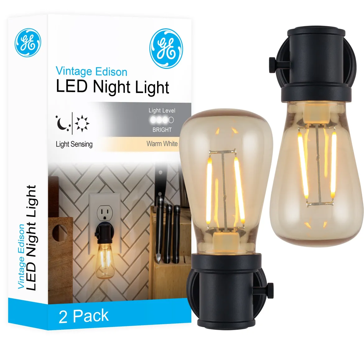 GE Vintage Light Sensing LED Night Light, 2 Pack, Black