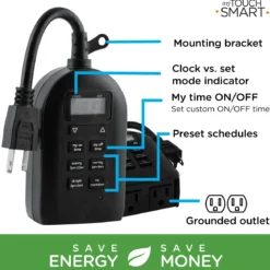 myTouchSmart Indoor/Outdoor Plug-In Simple Digital Timer, Black