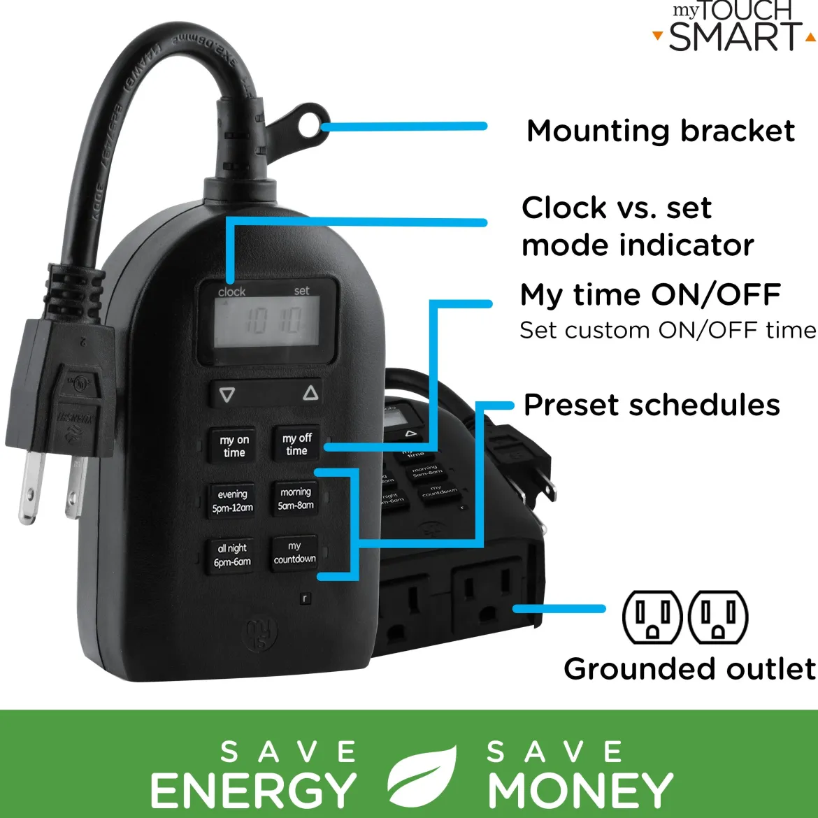 myTouchSmart Indoor/Outdoor Plug-In Simple Digital Timer, Black