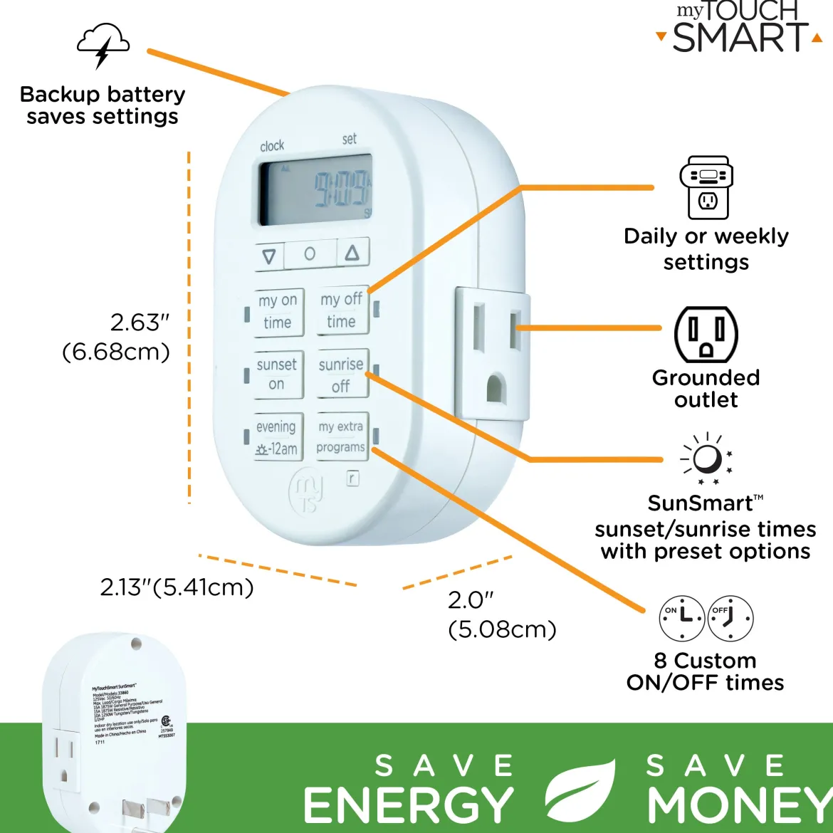myTouchSmart Indoor Plug-In SunSmart Digital Timer, White