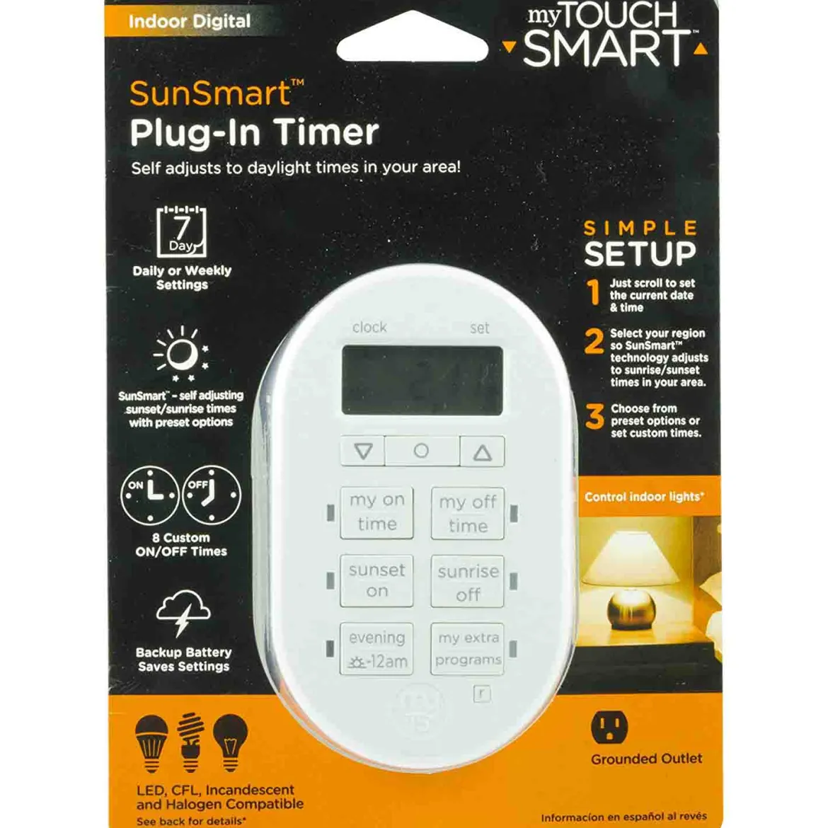 myTouchSmart Indoor Plug-In SunSmart Digital Timer, White