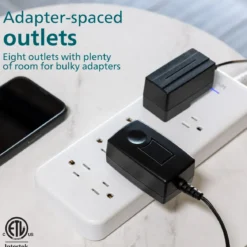 Philips Adapt 8-Outlet Surge Protector, 2160J, Adapter-Spaced, 8ft Braided Cord, White