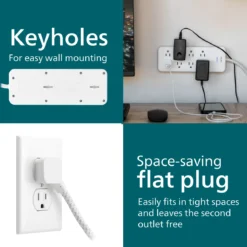 Philips Adapt 8-Outlet Surge Protector, 2160J, Adapter-Spaced, 8ft Braided Cord, White