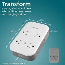 Philips All-in-One 4 Grounded plus 4 Polarized Outlet Surge Tap, 2-USB-C, 1-USB-A, 15W, 1140J, white/gray