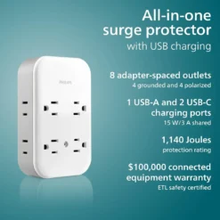Philips All-in-One 4 Grounded plus 4 Polarized Outlet Surge Tap, 2-USB-C, 1-USB-A, 15W, 1140J, white/gray