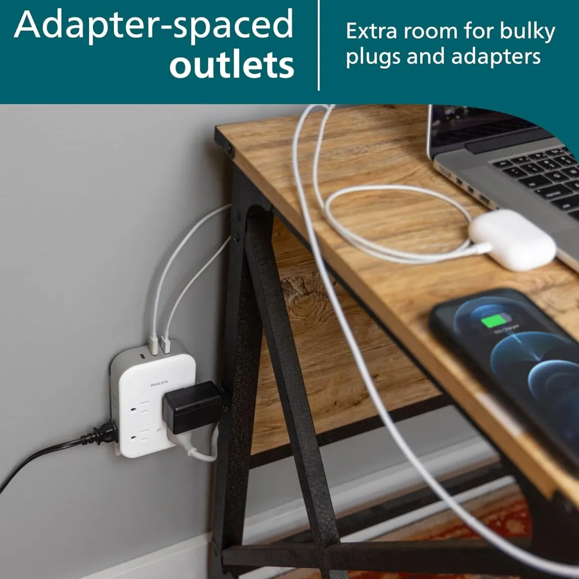 Philips All-in-One 4 Grounded plus 4 Polarized Outlet Surge Tap, 2-USB-C, 1-USB-A, 15W, 1140J, white/gray