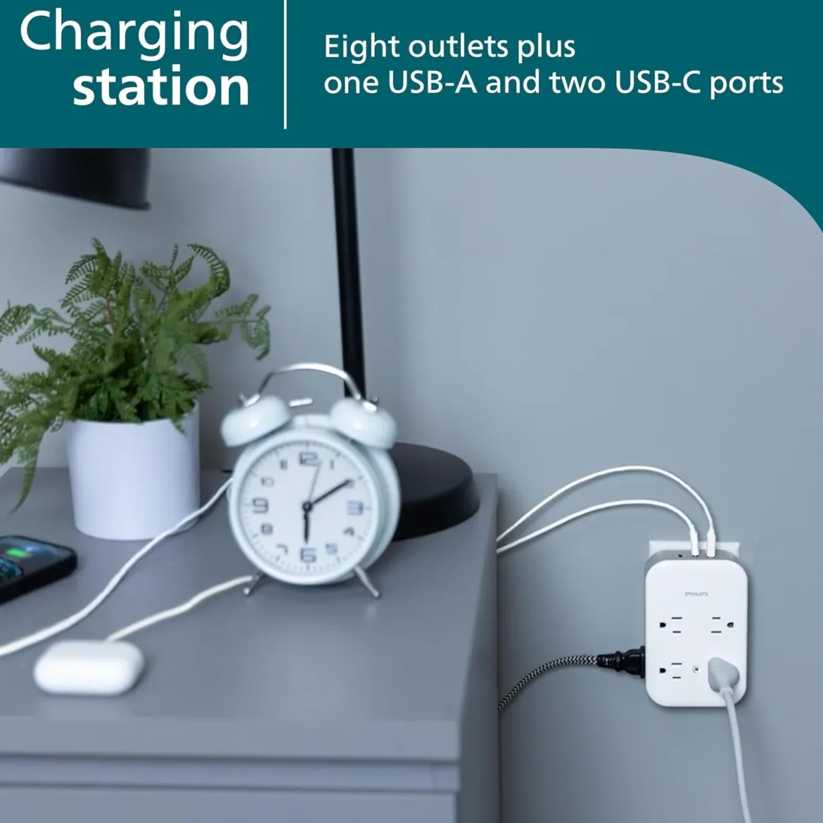 Philips All-in-One 4 Grounded plus 4 Polarized Outlet Surge Tap, 2-USB-C, 1-USB-A, 15W, 1140J, white/gray