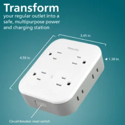 Philips All-in-One 4 Grounded plus 4 Polarized Outlet Surge Tap, 1140J, white/gray