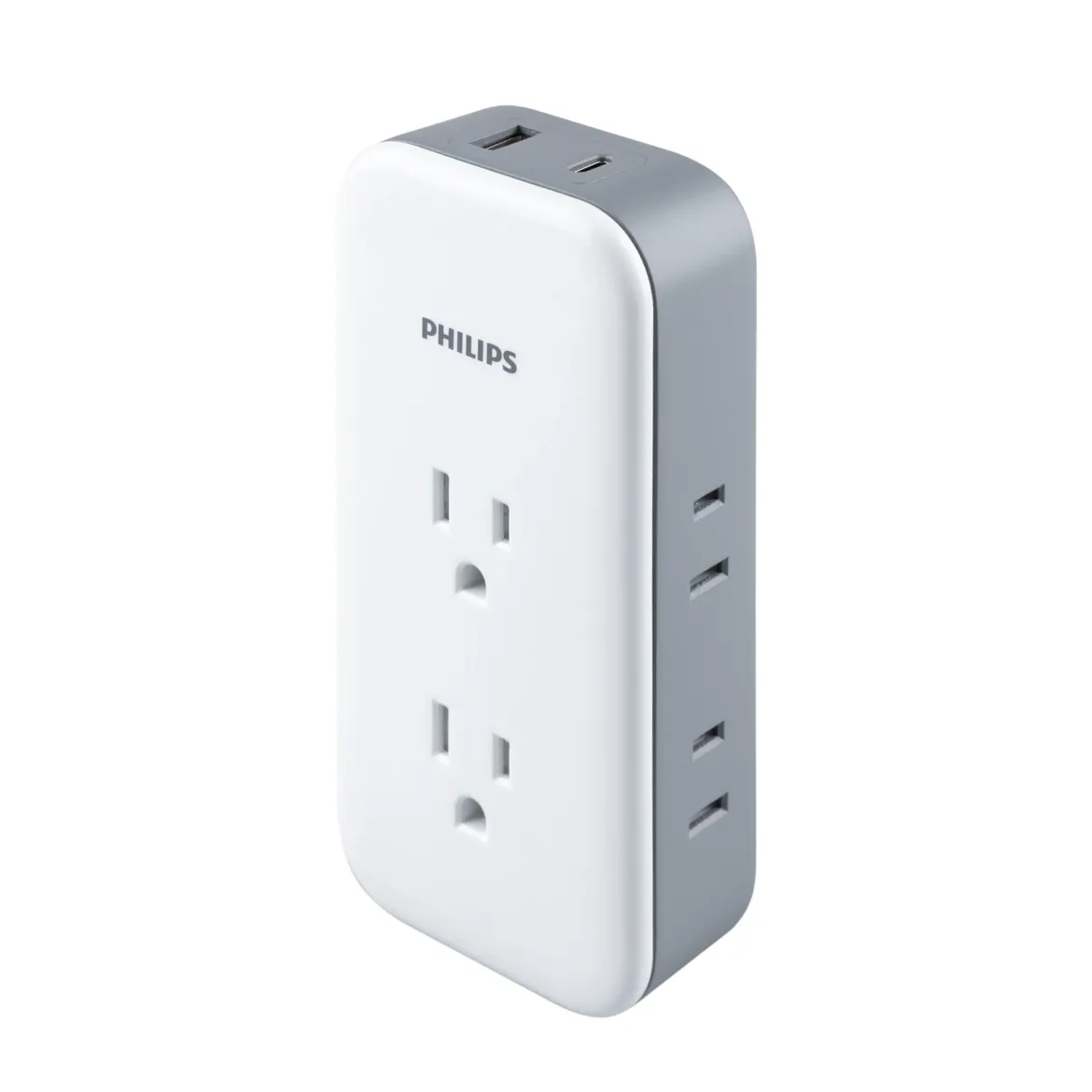 Philips All-in-One Surge Tap with USB, 2 Grounded & 4 Polarized Outlets, 1 USB-C & 1 USB-A Port, 490 Joules, White/Gray