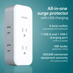 Philips All-in-One Surge Tap with USB, 2 Grounded & 4 Polarized Outlets, 1 USB-C & 1 USB-A Port, 490 Joules, White/Gray