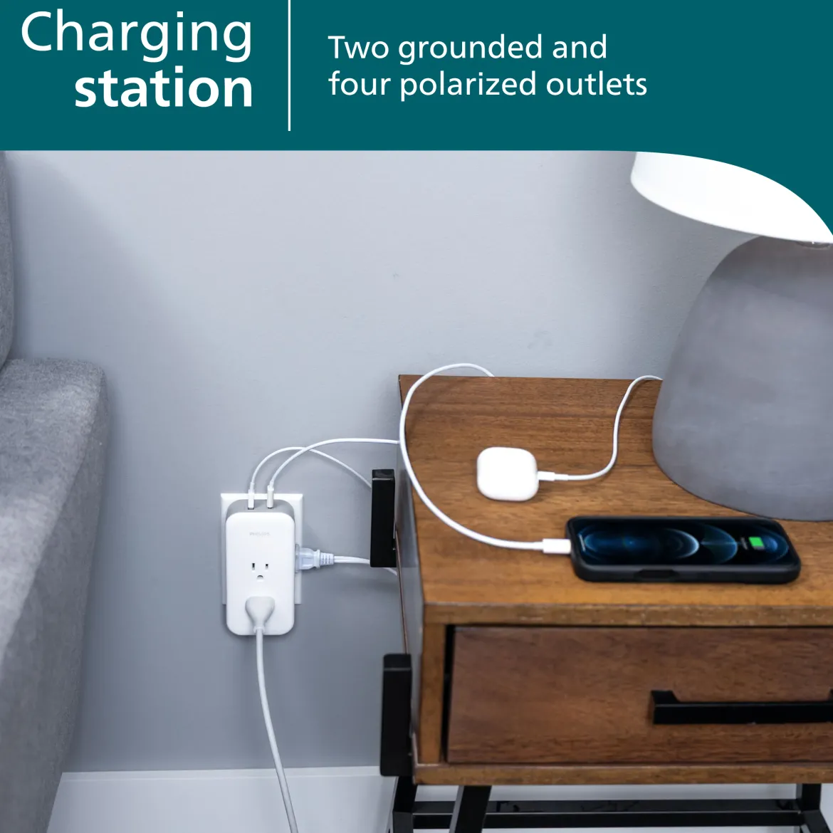 Philips All-in-One Surge Tap with USB, 2 Grounded & 4 Polarized Outlets, 1 USB-C & 1 USB-A Port, 490 Joules, White/Gray