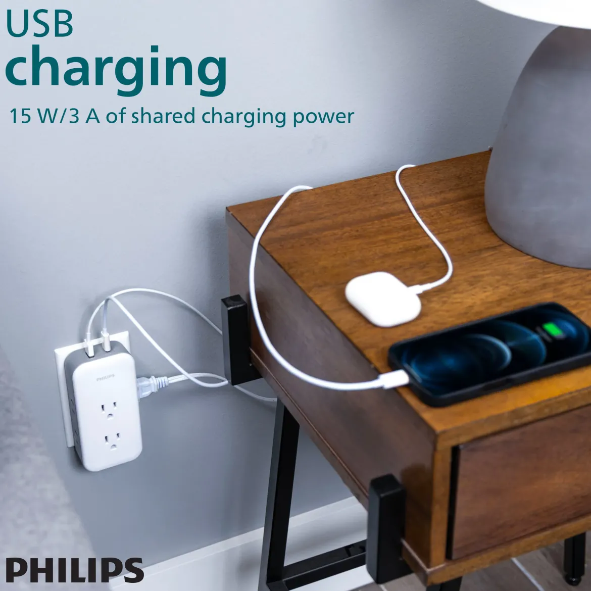 Philips All-in-One Surge Tap with USB, 2 Grounded & 4 Polarized Outlets, 1 USB-C & 1 USB-A Port, 490 Joules, White/Gray