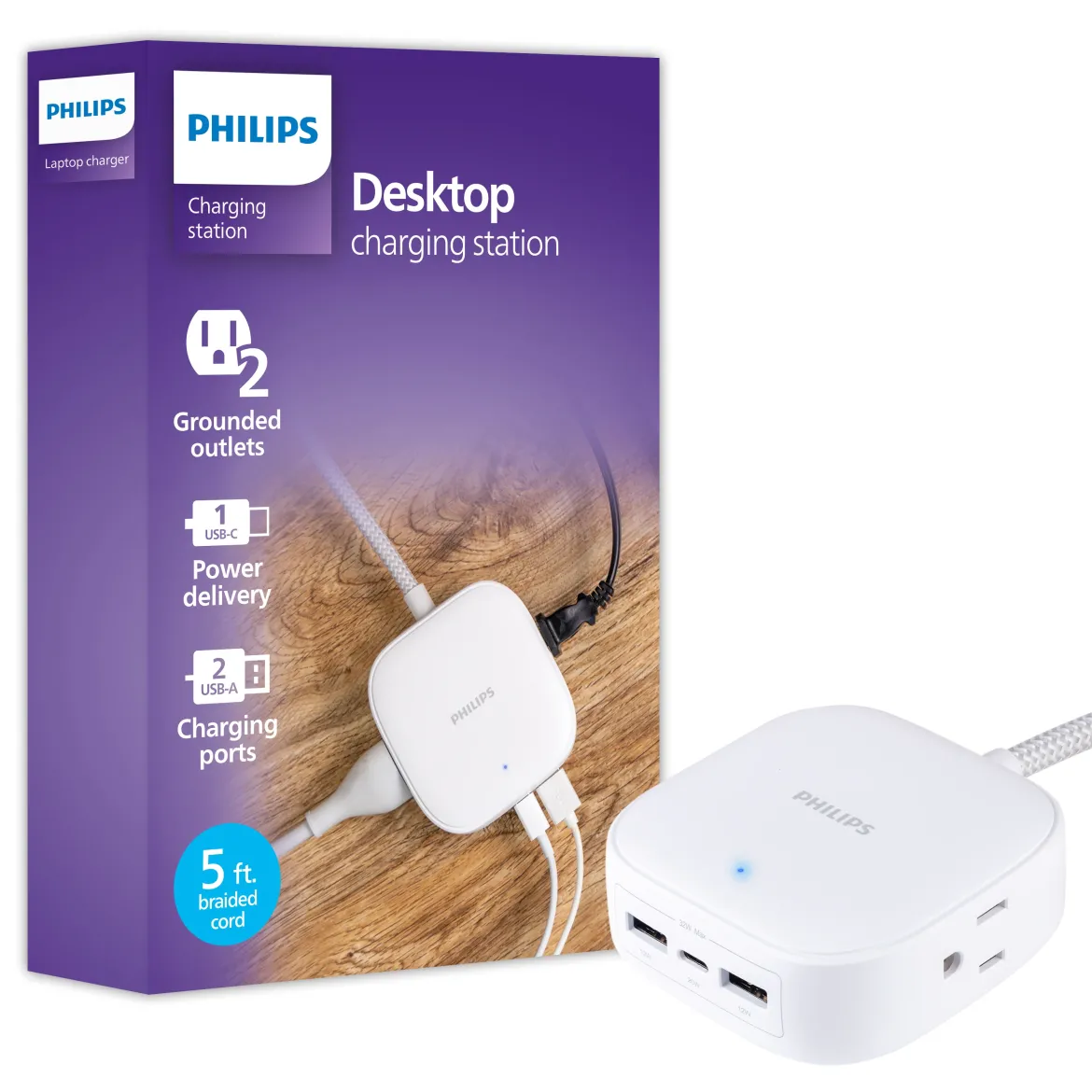 Philips Desktop Charging Hub, 2 outlets, 2 USB-A, 1 USB-C, 5ft. Braided Cord, White