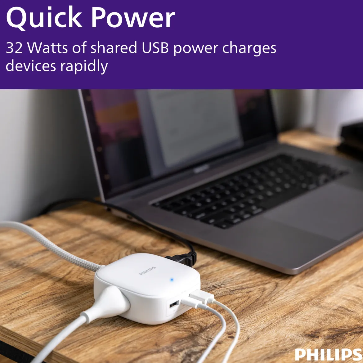 Philips Desktop Charging Hub, 2 outlets, 2 USB-A, 1 USB-C, 5ft. Braided Cord, White