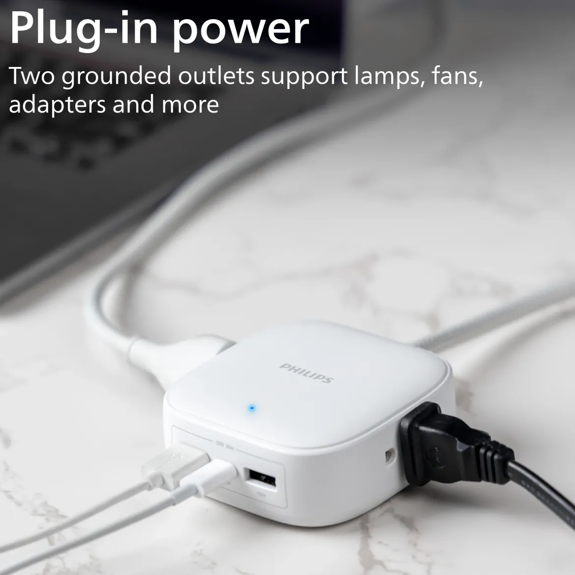 Philips Desktop Charging Hub, 2 outlets, 2 USB-A, 1 USB-C, 5ft. Braided Cord, White