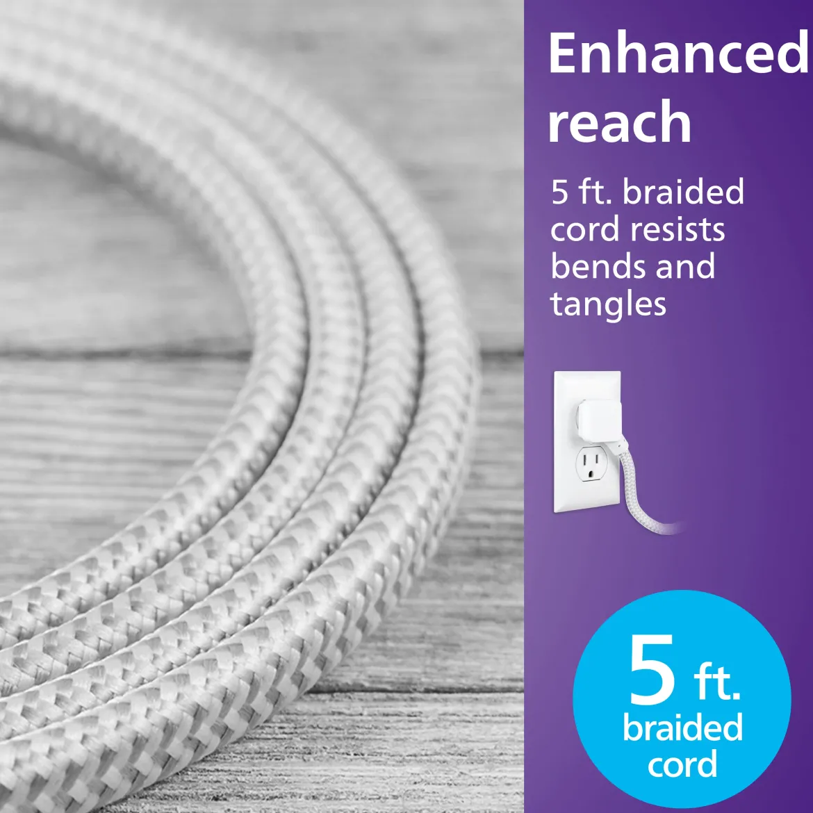 Philips Desktop Charging Hub, 2 outlets, 2 USB-A, 1 USB-C, 5ft. Braided Cord, White