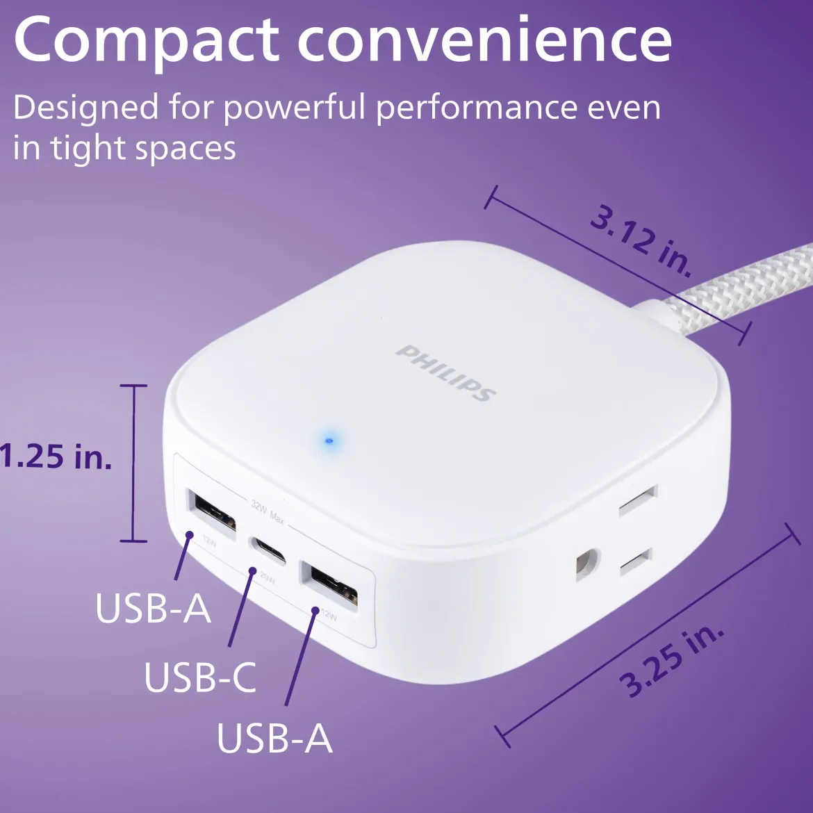 Philips Desktop Charging Hub, 2 outlets, 2 USB-A, 1 USB-C, 5ft. Braided Cord, White