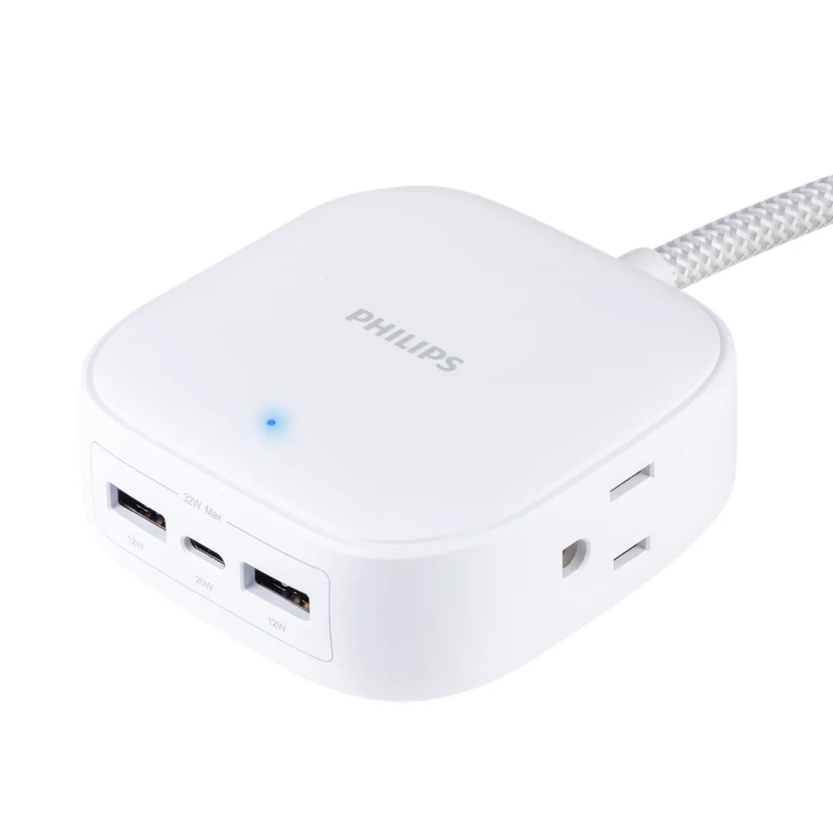 Philips Desktop Charging Hub, 2 outlets, 2 USB-A, 1 USB-C, 5ft. Braided Cord, White