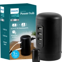 Philips Desktop Power Hub, 2 outlets, 3 USB-A, 1 USB-C, 5ft. cord, black