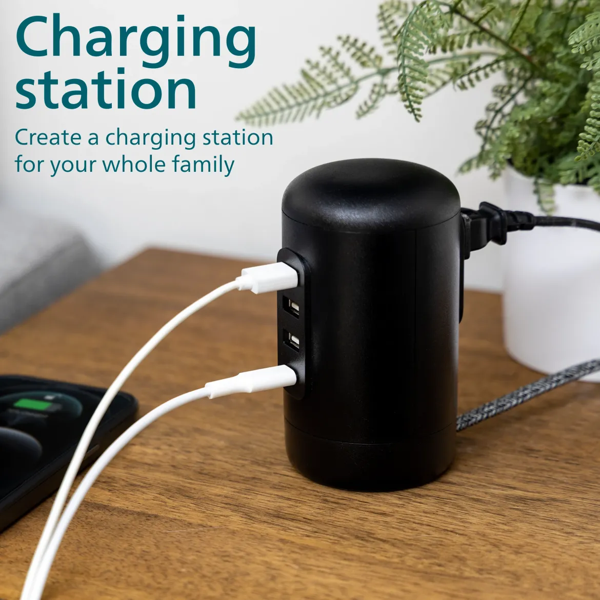 Philips Desktop Power Hub, 2 outlets, 3 USB-A, 1 USB-C, 5ft. cord, black
