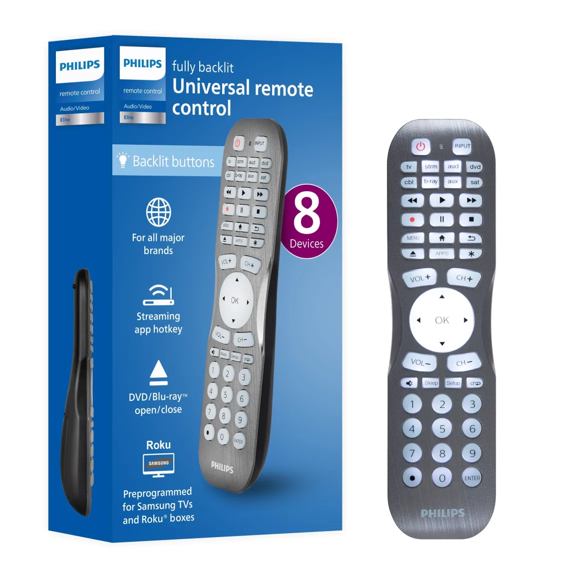 Philips 8-Device Backlit Universal Remote, Brushed Graphite