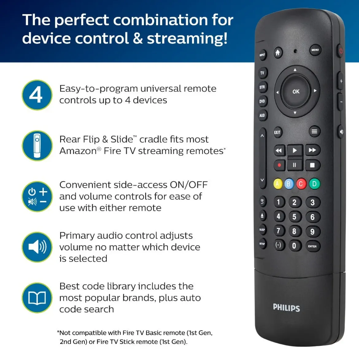 Philips 4-Device Universal Companion Remote for Fire TV, Black