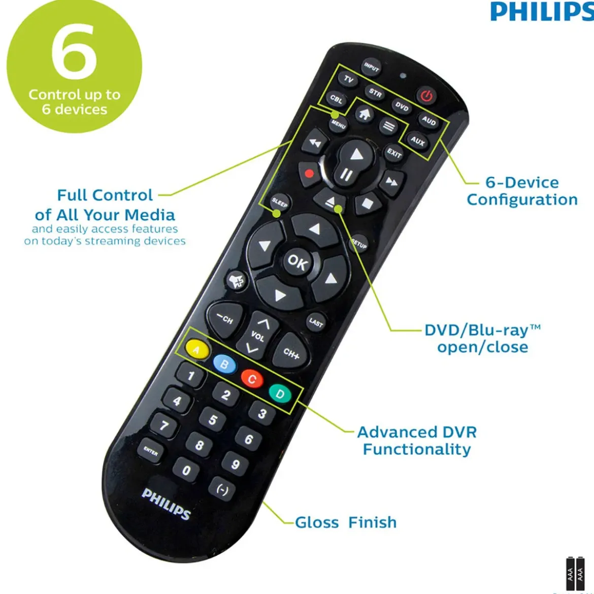 Philips 6-Device Universal Remote, Black